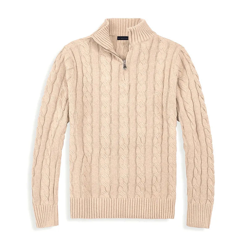 Herren Viertelzip Pullover mit feinem Zopfmuster, modernes Design für stilvolle Frühlingstage.