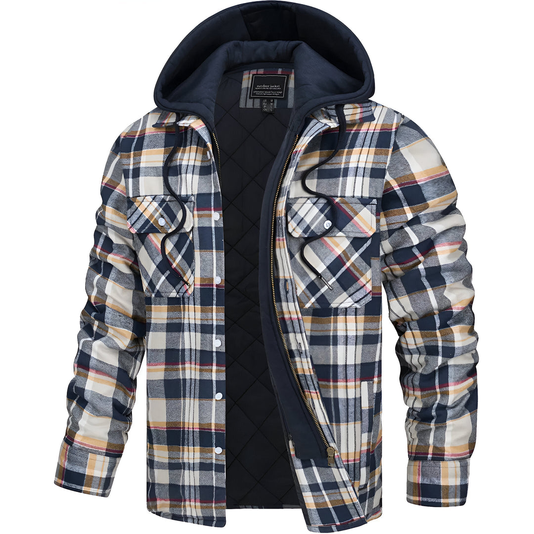 Nahaufnahme wasserabweisender Stoff der Herren Herbstjacke. Funktionale Outdoorjacke mit Reißverschluss für aktive Männer.