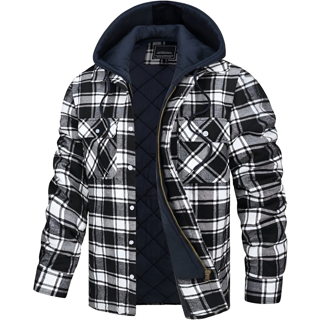 Rückenansicht Herren Kapuzenjacke, wasserabweisend. Stilvolle Herbstjacke mit Reißverschluss für moderne Männer.
