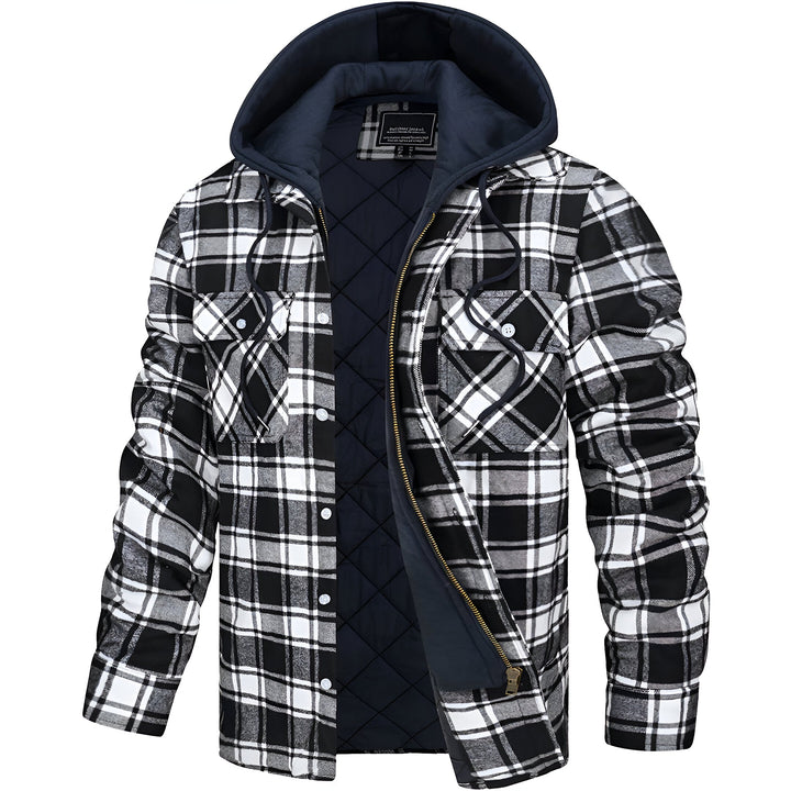 Rückenansicht Herren Kapuzenjacke, wasserabweisend. Stilvolle Herbstjacke mit Reißverschluss für moderne Männer.