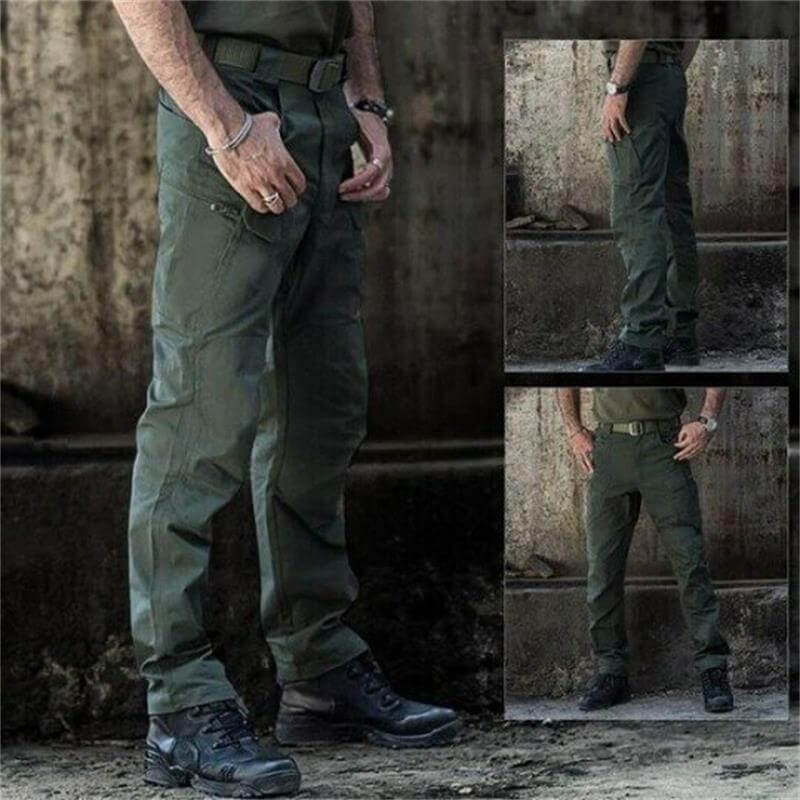 Detailaufnahme der strapazierfähigen, wasserdichten Stoff-Textur einer hochwertigen taktischen Herrenhose.
