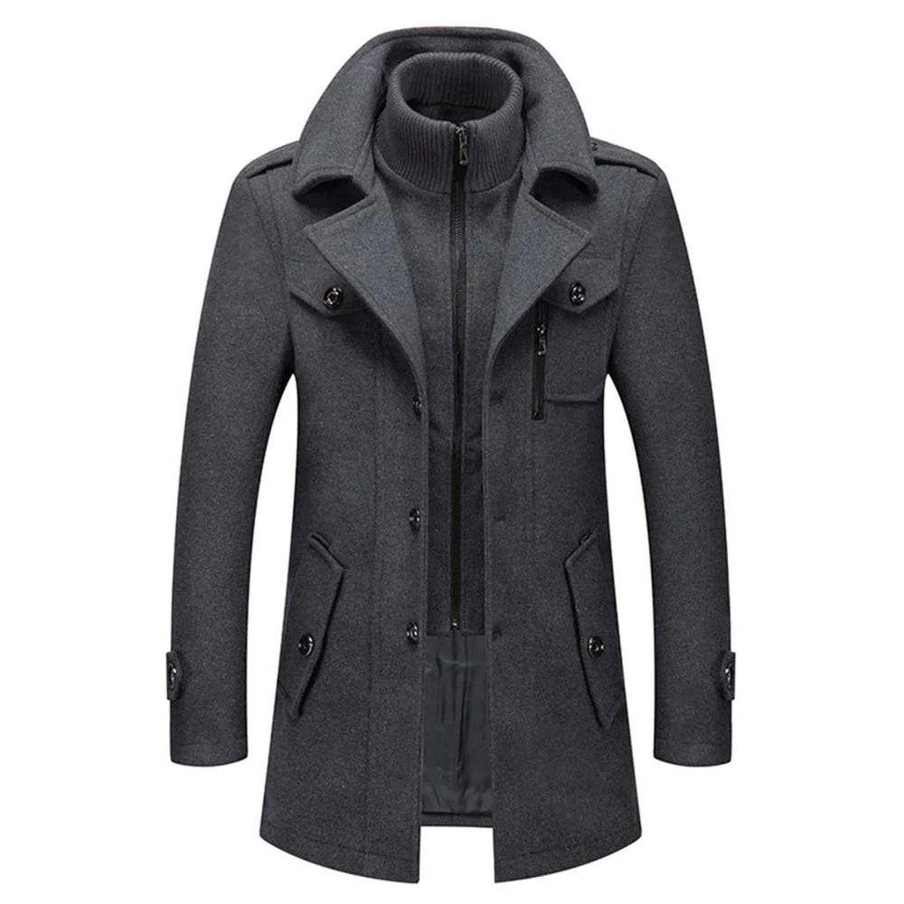 Warmer Herren Wollmix Wintermantel mit Stehkragen und Reißverschluss, ideal für Winterbekleidung.