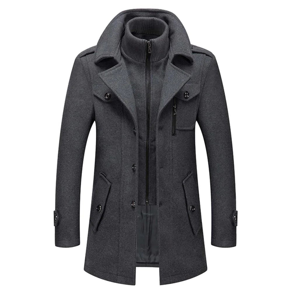 Warmer Herren Wollmix Wintermantel mit Stehkragen und Reißverschluss, ideal für Winterbekleidung.