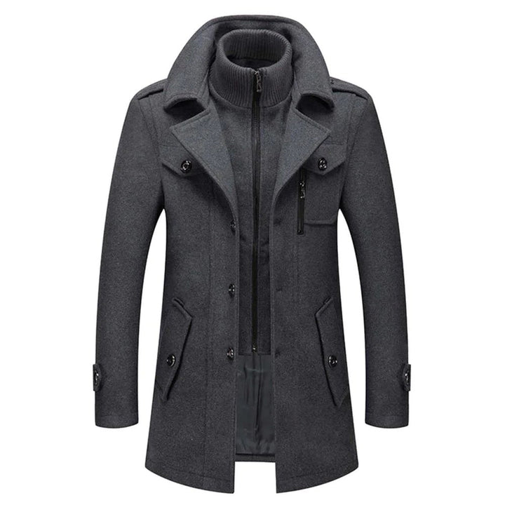 Warmer Herren Wollmix Wintermantel mit Stehkragen und Reißverschluss, ideal für Winterbekleidung.