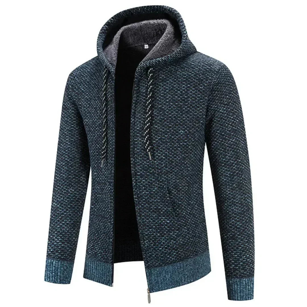 Stilvolle Herren Strickjacke mit Kapuze und Reißverschluss, modern. Ideal für Freizeit-Outfits und Oberbekleidung.