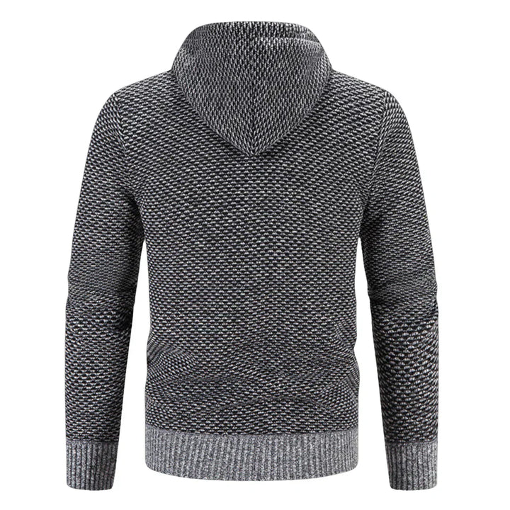 Moderner Herren Kapuzen-Cardigan mit durchgehendem Reißverschluss. Perfekte Ergänzung für Wintergarderobe.