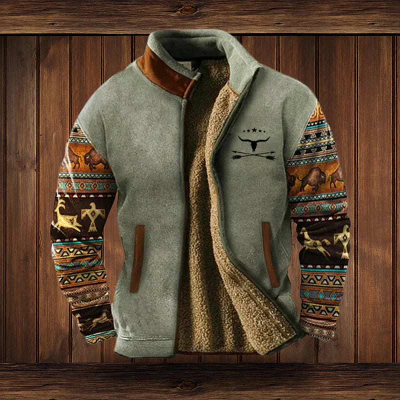Mann trägt eine warme Vintage-Herren-Winterjacke, perfekt für Freizeit und Wintermode im Freien.