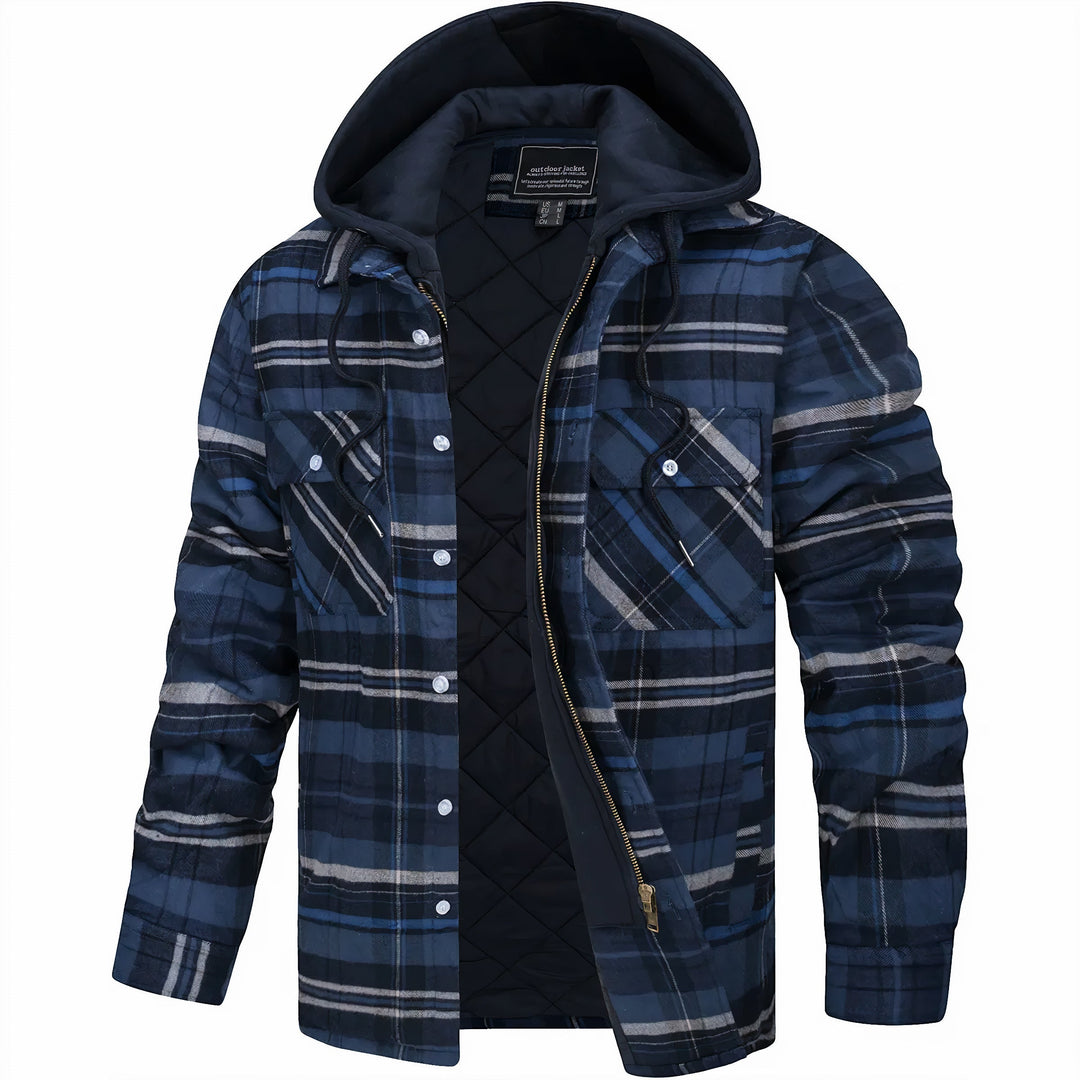 Herren Winterjacke mit auffälligem Karomuster. Moderne und warme Jacke für Männer, ideal für kalte Wintertage.