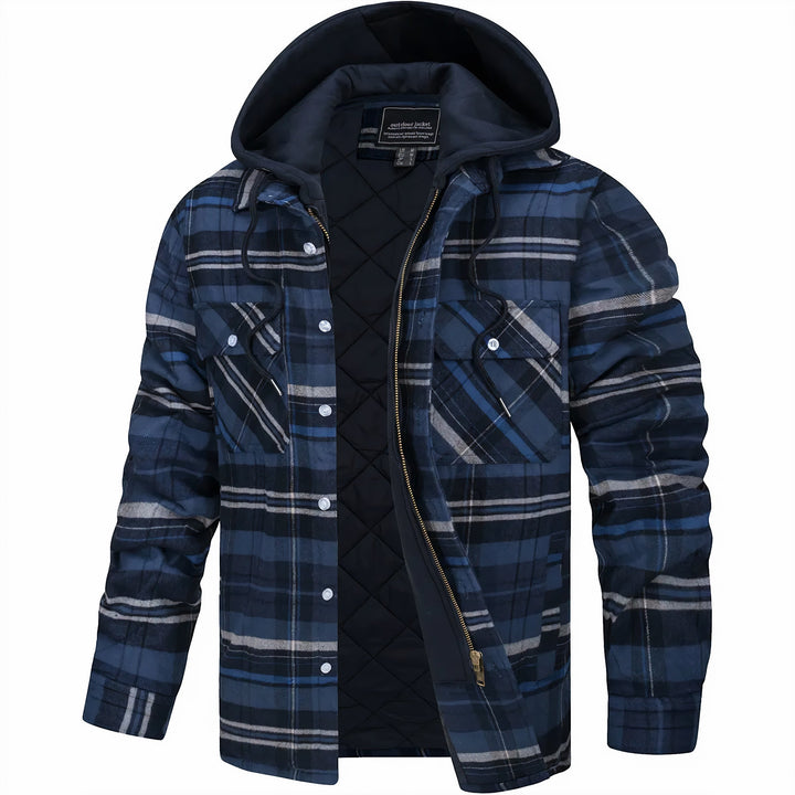 Herren Winterjacke mit auffälligem Karomuster. Moderne und warme Jacke für Männer, ideal für kalte Wintertage.