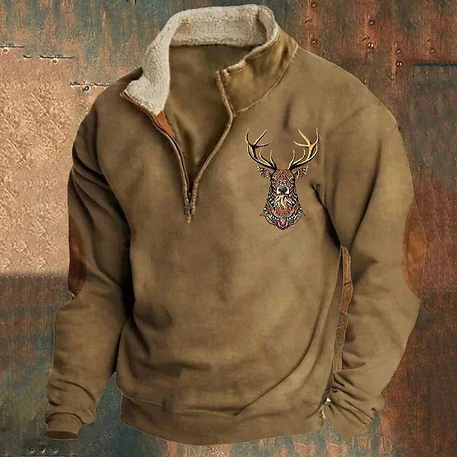 Herren Winterpullover mit elegantem Hirschmotiv und praktischem Reißverschlusskragen. Warme Oberbekleidung für Männer.