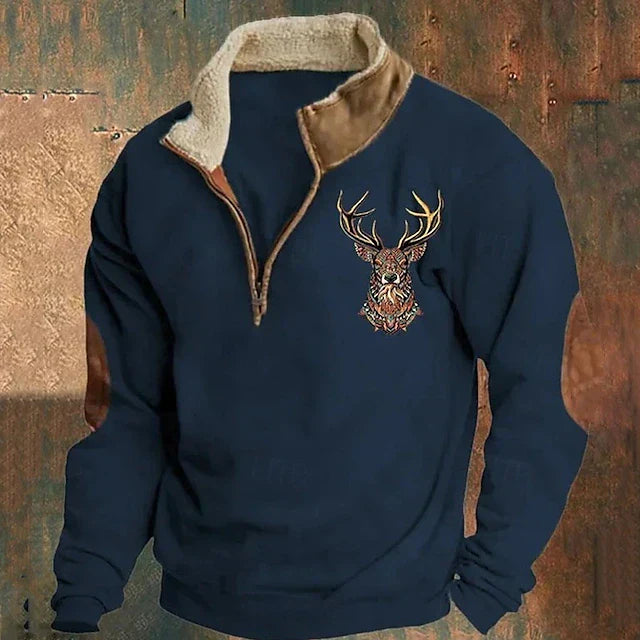 Stilvoller Herrenpullover für den Winter mit detailreichem Hirschmotiv. Komfortabler Reißverschlusskragen, ideal für Freizeit.