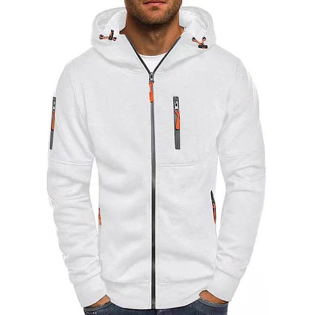 Nahaufnahme Herren Zip-Hoodie Reißverschluss und Kapuze, weicher Stoff, stilvoll für Casual-Looks.