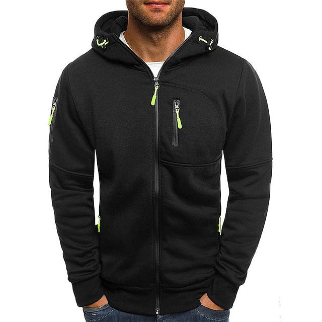 Mann trägt bequemen Herren Zip-Hoodie in Dunkelblau, offener Reißverschluss, für moderne Alltagsmode.