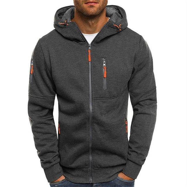 Lässiger Herren Kapuzenpullover mit Reißverschluss, perfekt für bequeme Freizeitkleidung. Rückansicht.