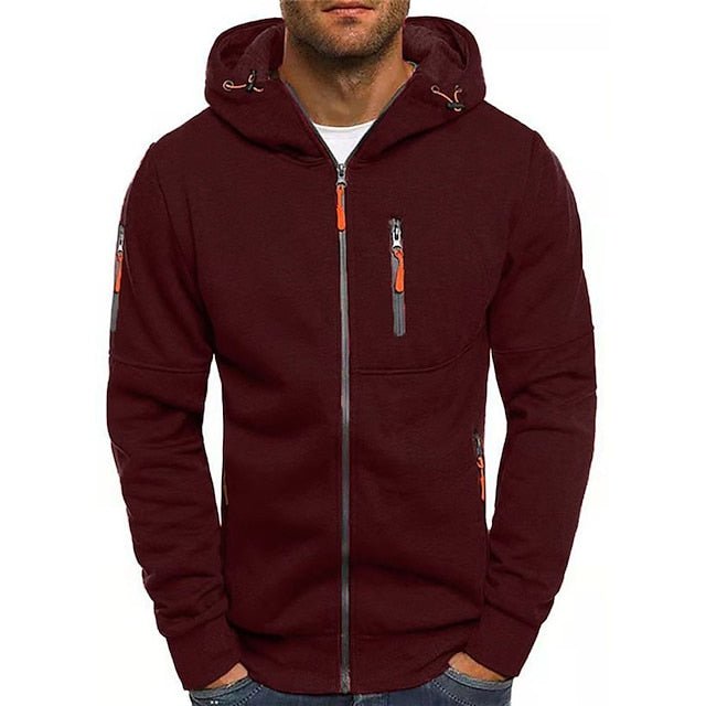 Gefalteter Herren Zip-Hoodie in Schwarz, weich und stilvoll, bereit für Freizeit und Männermode.