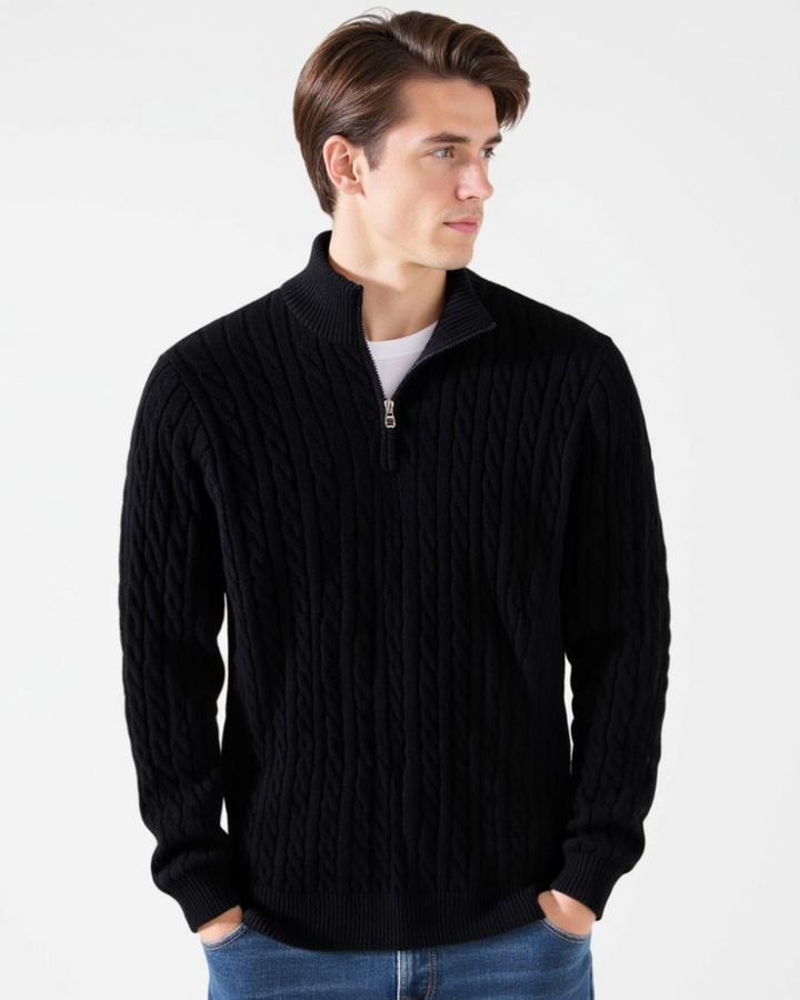 Herren Zopfmuster Pullover mit Halbzipp-Hochkragen, idealer Winterpullover für Herren und elegante Freizeit.