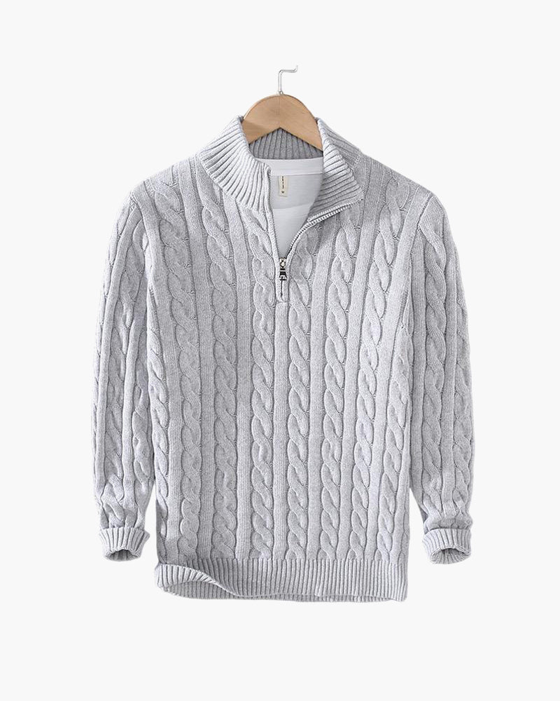 Warmer Herren Winterpullover: Zopfmuster, Halbzipp, Hochkragen. Ein vielseitiger Langarm Strickpullover für Männer.