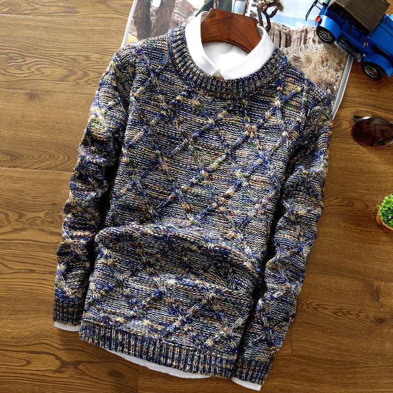 "Herrenpullover in Blau und Orange, elegantes und modernes Design, weiche Baumwolle, für jede Gelegenheit geeignet"