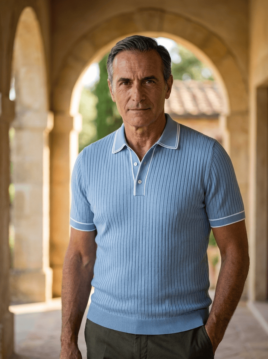 Älterer Mann trägt ein hellblaues, geripptes Herren Hénry Polo-Shirt in einer historischen Arkade