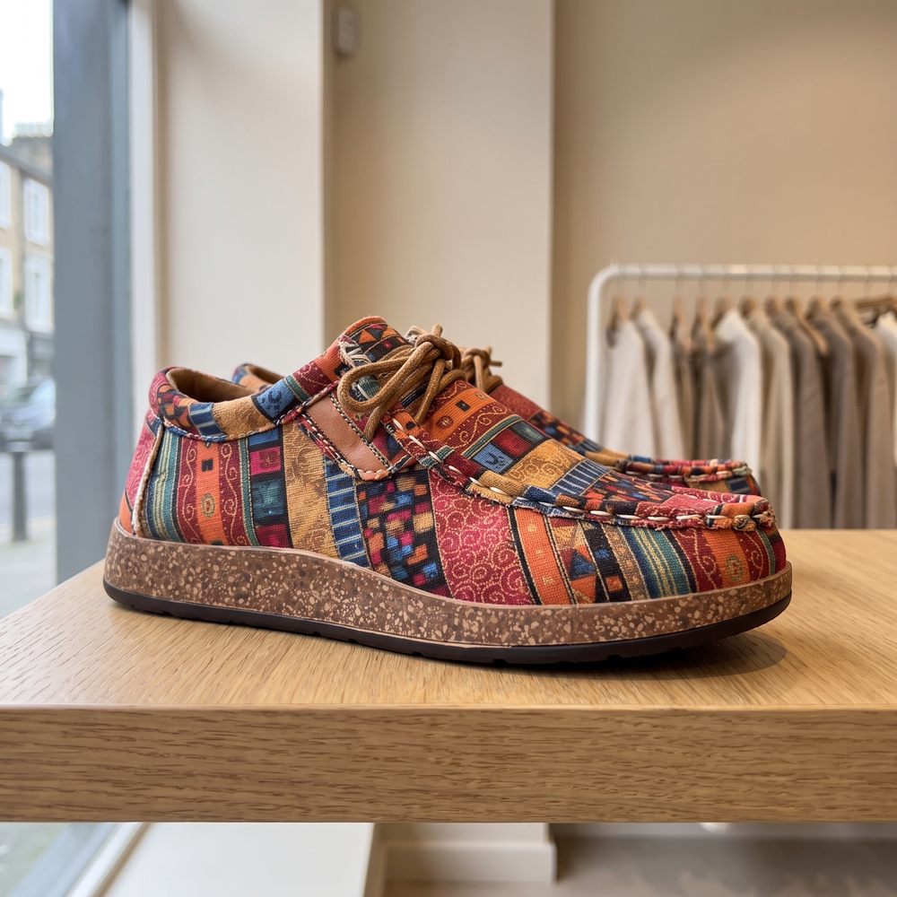 Modische Rebecca Sneaker präsentiert auf einem Holztisch in der Boutique
