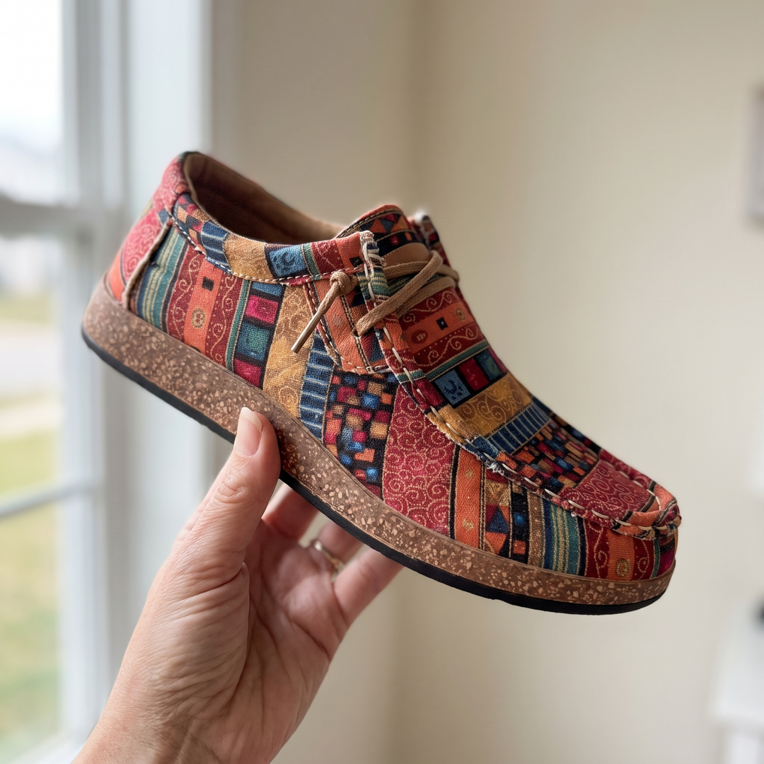 Nahaufnahme der bunten Rebecca Sneaker in einer Hand gehalten