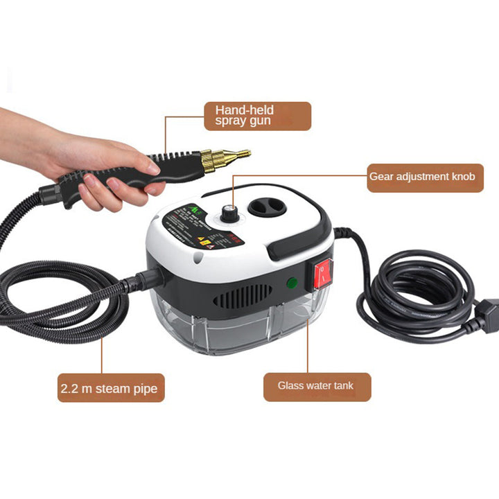 "Hochdruck-Dampfreiniger 2500W, Vorderansicht, schwarz, robustes Design, ideal für Haushalt und Küche, 6 Dampfstufen."