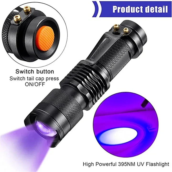 Schwarze UV-Taschenlampe 395NM, leistungsstark, mit orangefarbenem Schalter, Nahaufnahme.