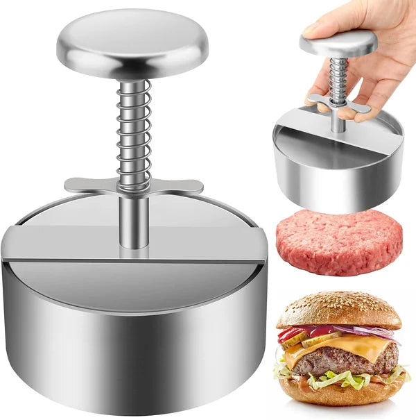 Hochwertige Burgerpresse aus Edelstahl, ergonomisch, für perfekt geformte Patties; spülmaschinengeeignet, langlebig.