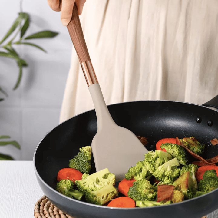 Umfassendes Silikon Kochgeschirr Set für jede Küche: hitzebeständig, hygienisch und langlebig.