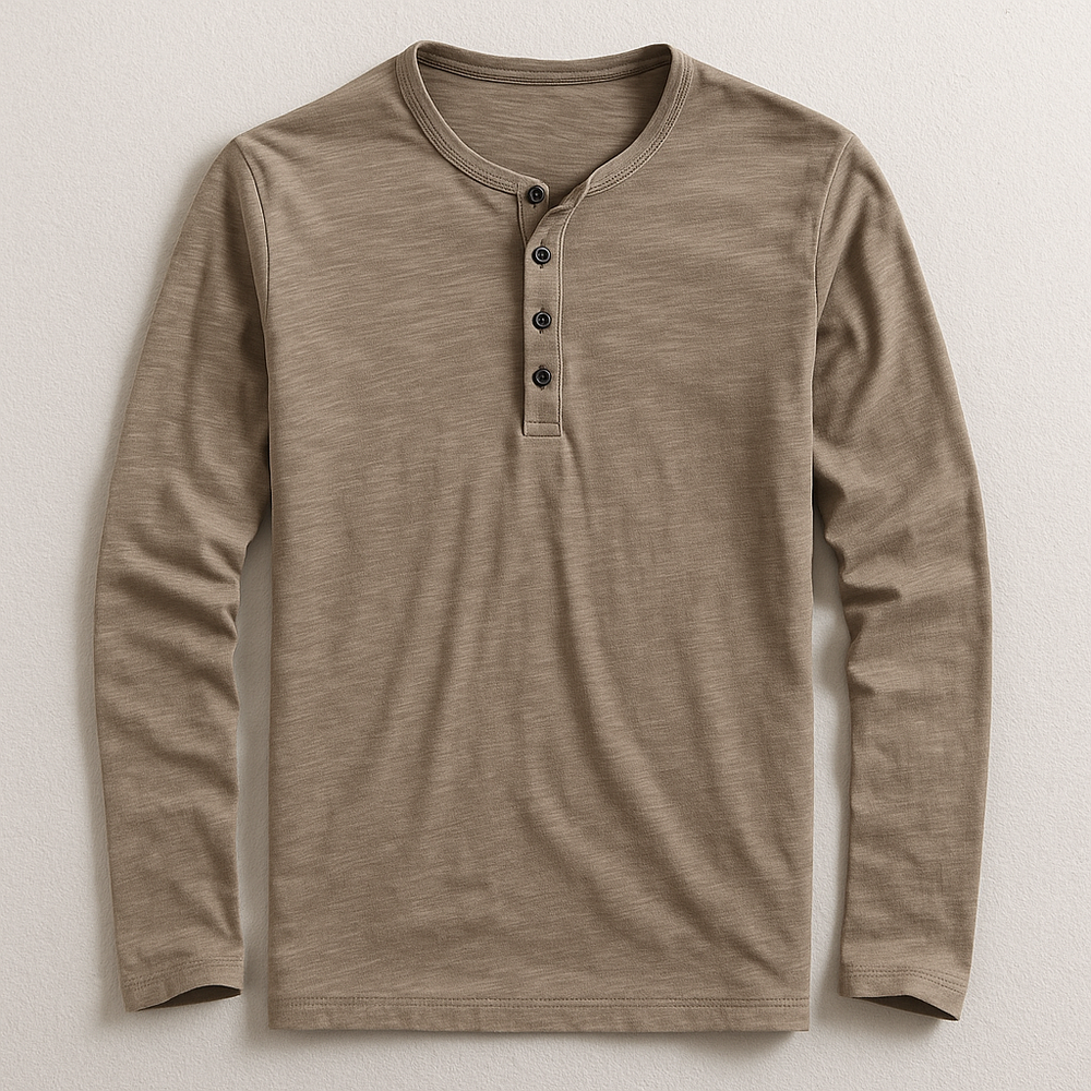 Herren Henley Langarmshirt in Sandfarbe mit detaillierter Knopfleiste