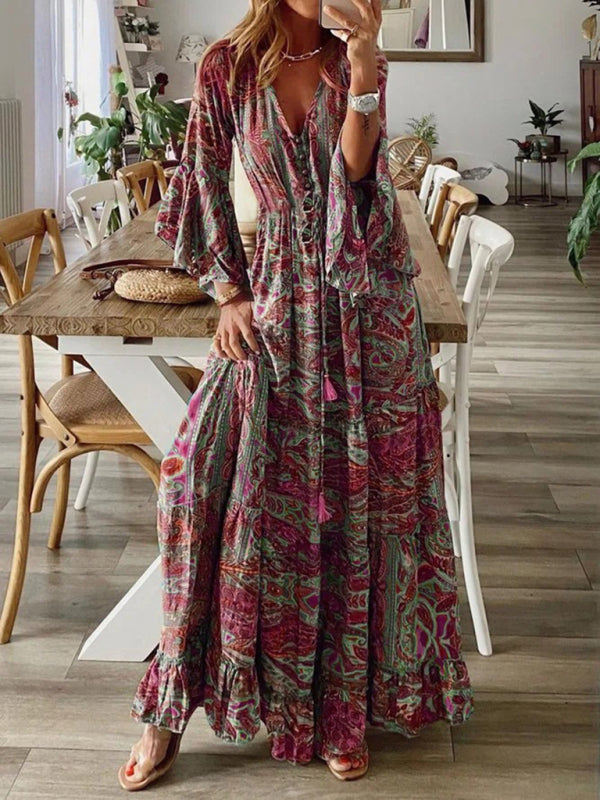 Damen Maxi Kleid mit Paisleymuster & Trompetenärmel