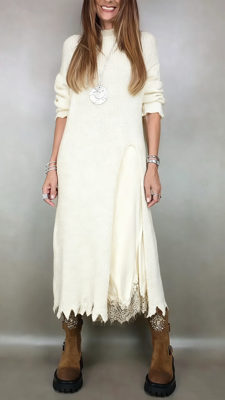 Schwarzes Damen Maxikleid aus Strick im modischen Layer Look