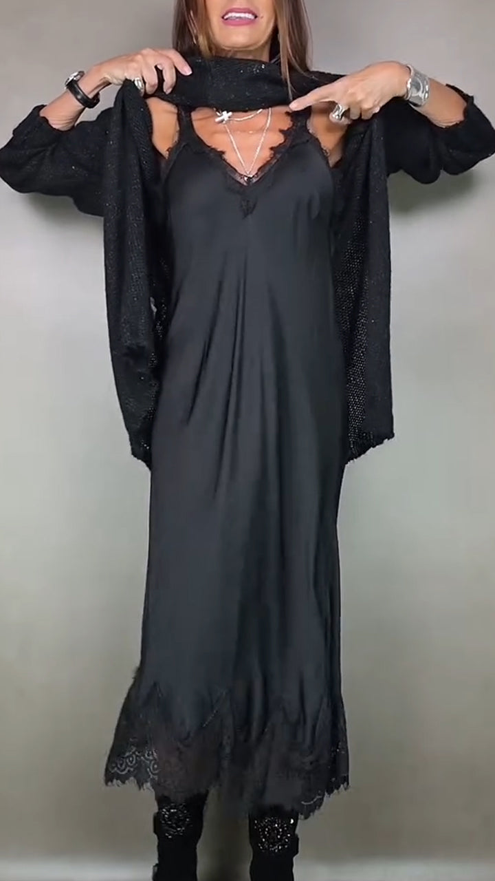 Damenkleid Strick Set mit langen Ärmeln und modernem Lagenlook