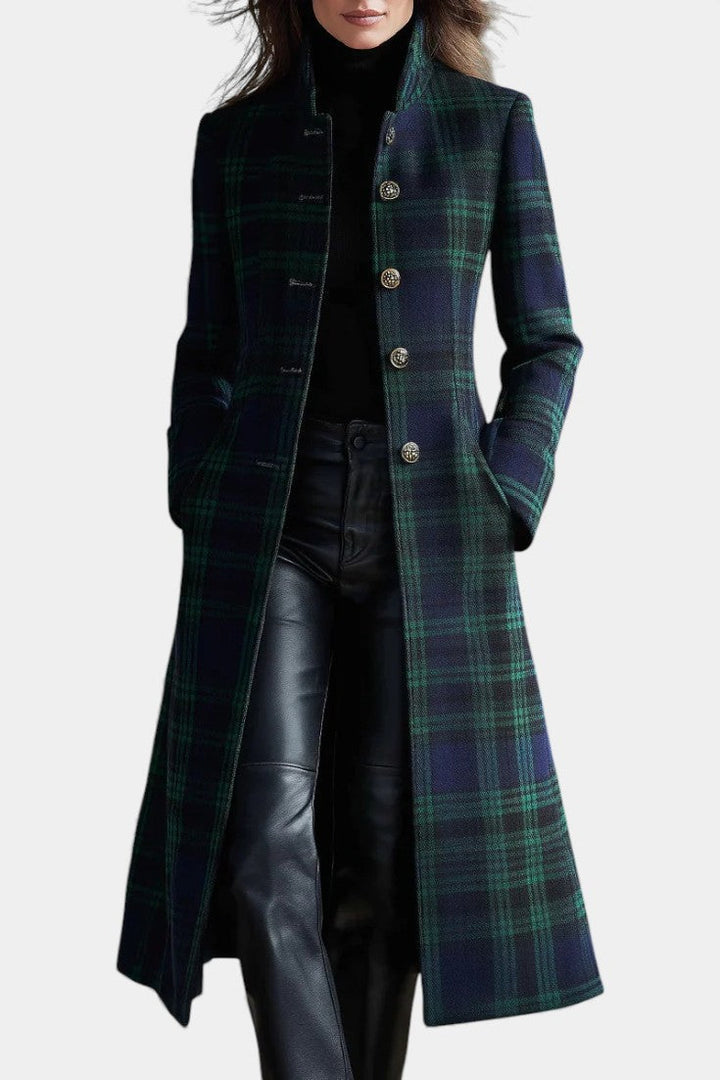 Eleganter karierter Damen Midi-Mantel in Grün-Blau für Herbst & Winter. Warmer, strukturierter Damen-Outerwear.
