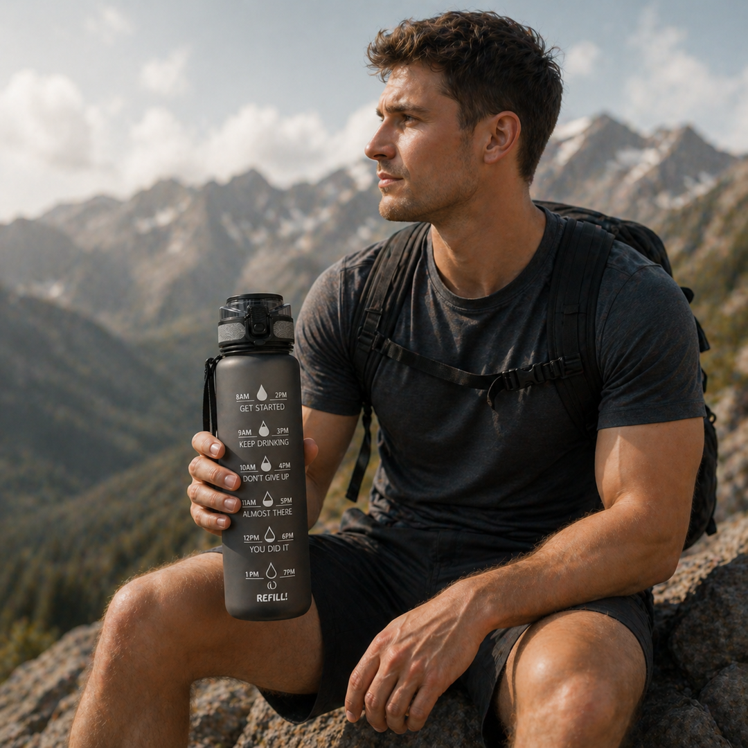 Tägliche Erinnerung 1L Wasserflasche mit Zeitmarkern, BPA-frei, unisex, für ausreichendes Trinken.