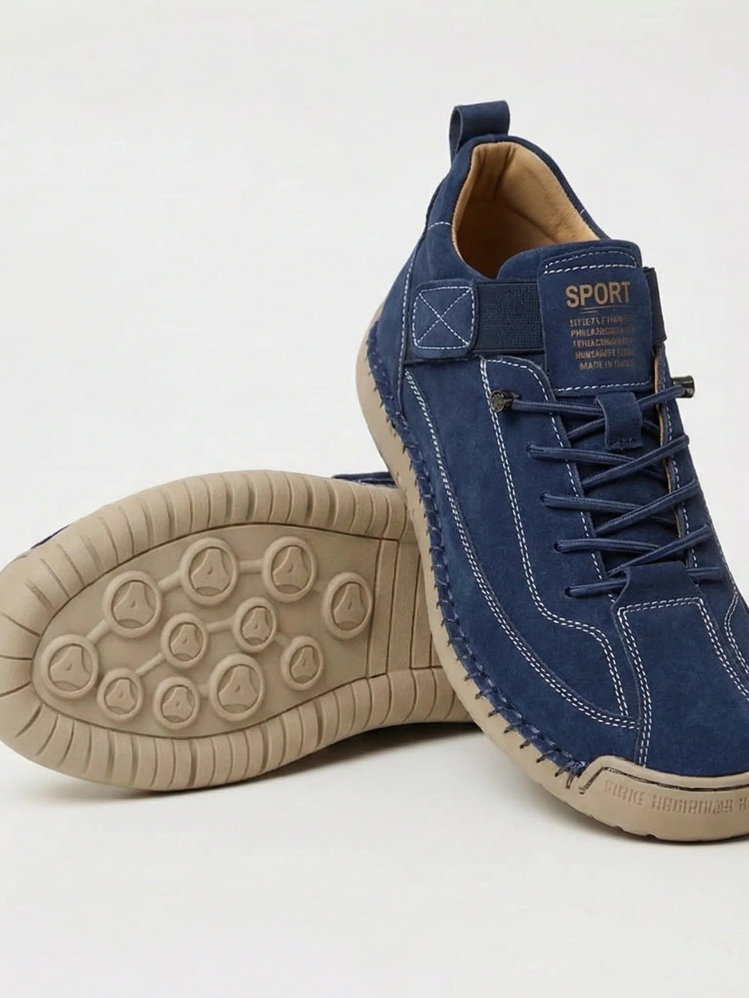 Damen Sportschuhe in Blau mit beiger Sohle und Seitenansicht