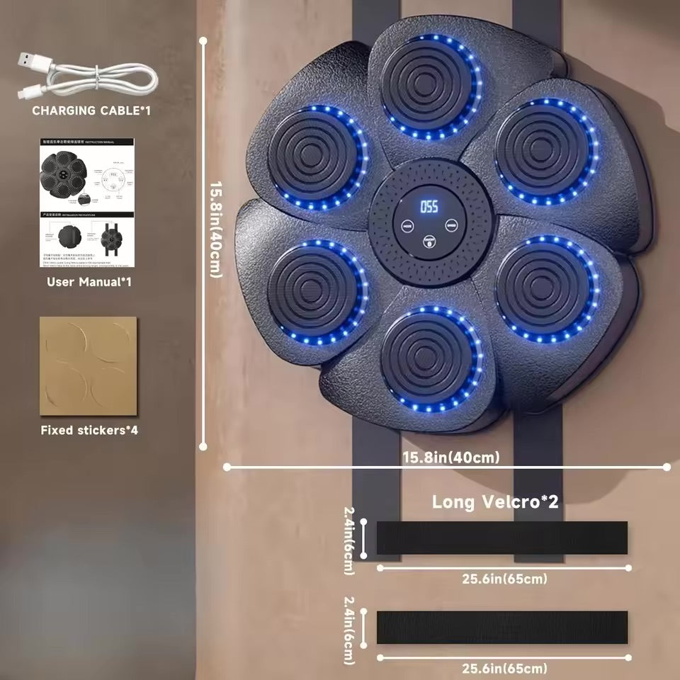 Interaktive smarte Boxmaschine, kompakt 40x40x6 cm, mit RGB-Beleuchtung und robustem Design für Fitness und Fun daheim.