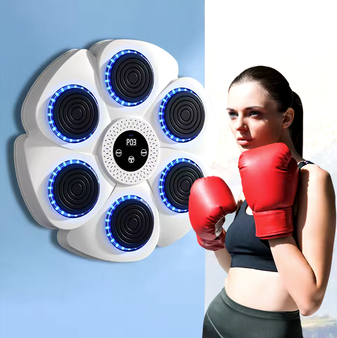 Interaktive smarte Boxmaschine, kompakt 40x40x6 cm, mit RGB-Beleuchtung und robustem Design für Fitness und Fun daheim.