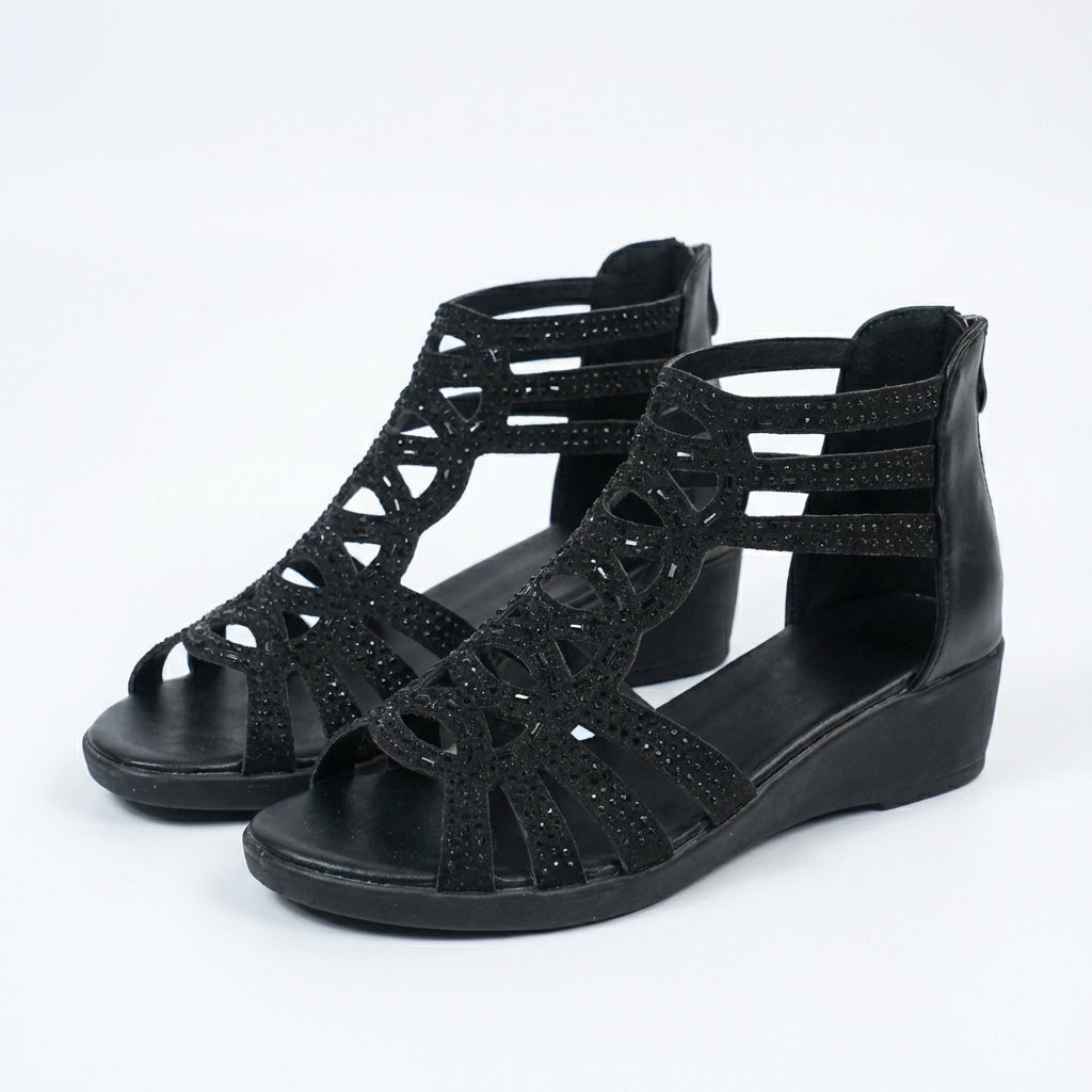 Komfortable orthopädische Damensandalen, elegante Keilsohle, ideal für sommerliche Tage.