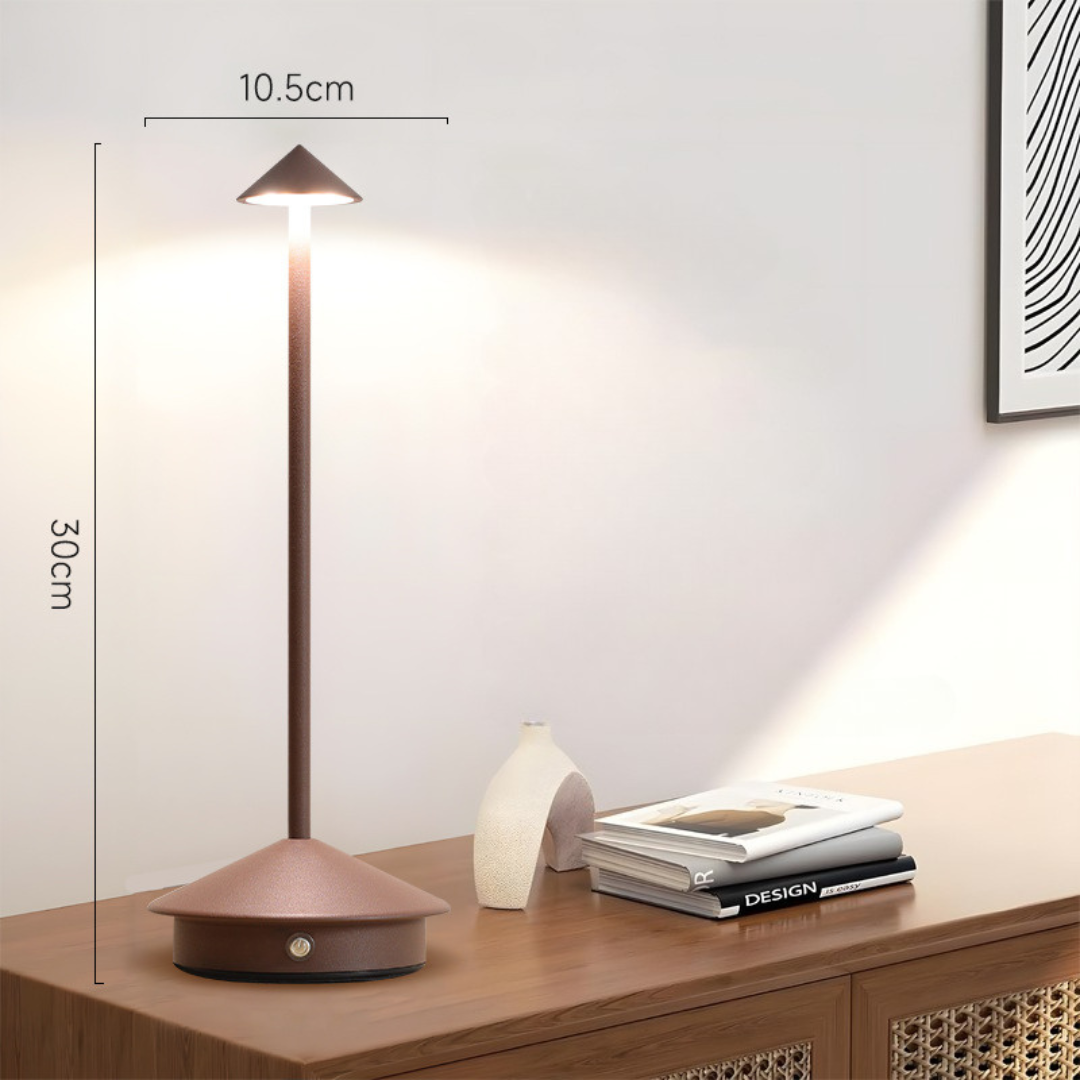 Kabellose LED Tischlampe, modernes Design, wiederaufladbar, dimmbar, stilvoll für Innen- und Außenanwendungen.