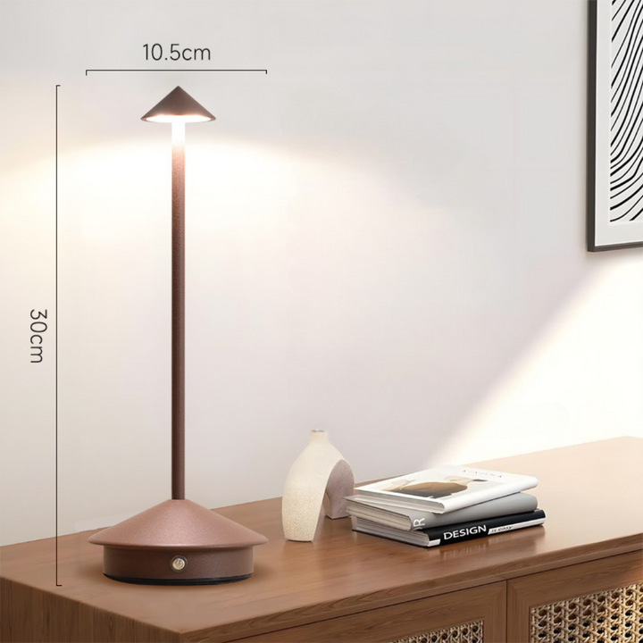 Kabellose LED Tischlampe, modernes Design, wiederaufladbar, dimmbar, stilvoll für Innen- und Außenanwendungen.