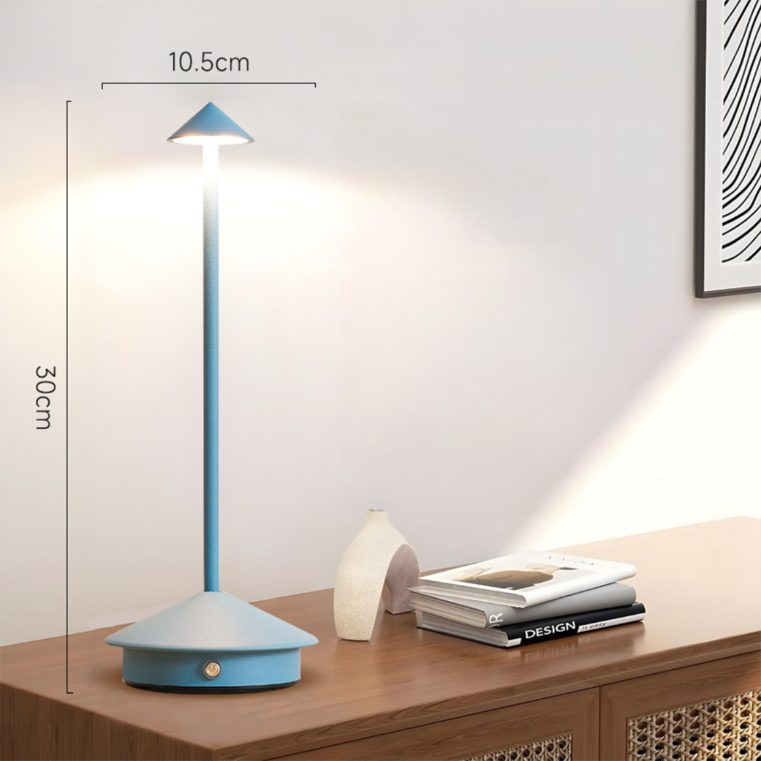 Kabellose LED Tischlampe, modernes Design, wiederaufladbar, dimmbar, stilvoll für Innen- und Außenanwendungen.