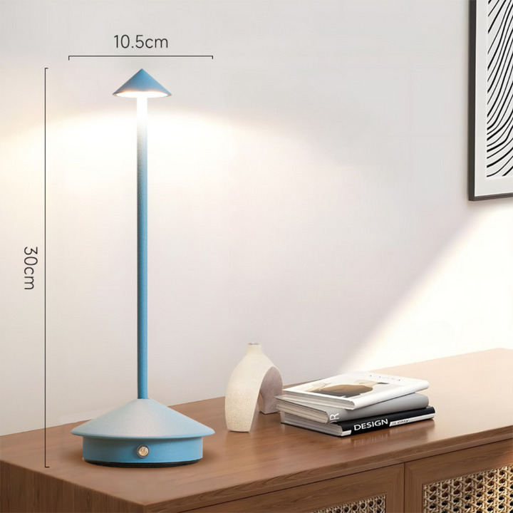 Kabellose LED Tischlampe, modernes Design, wiederaufladbar, dimmbar, stilvoll für Innen- und Außenanwendungen.