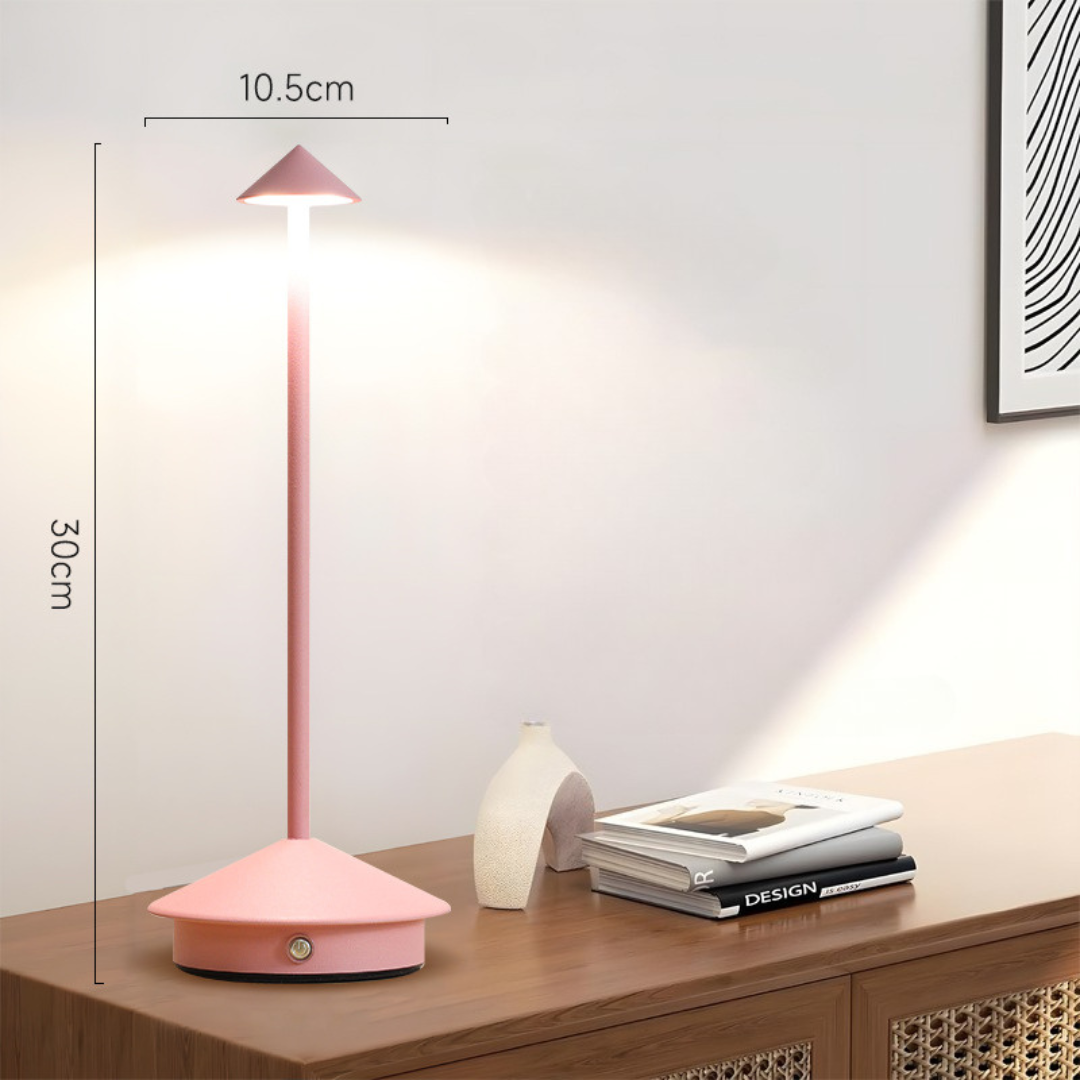 Kabellose LED Tischlampe, modernes Design, wiederaufladbar, dimmbar, stilvoll für Innen- und Außenanwendungen.