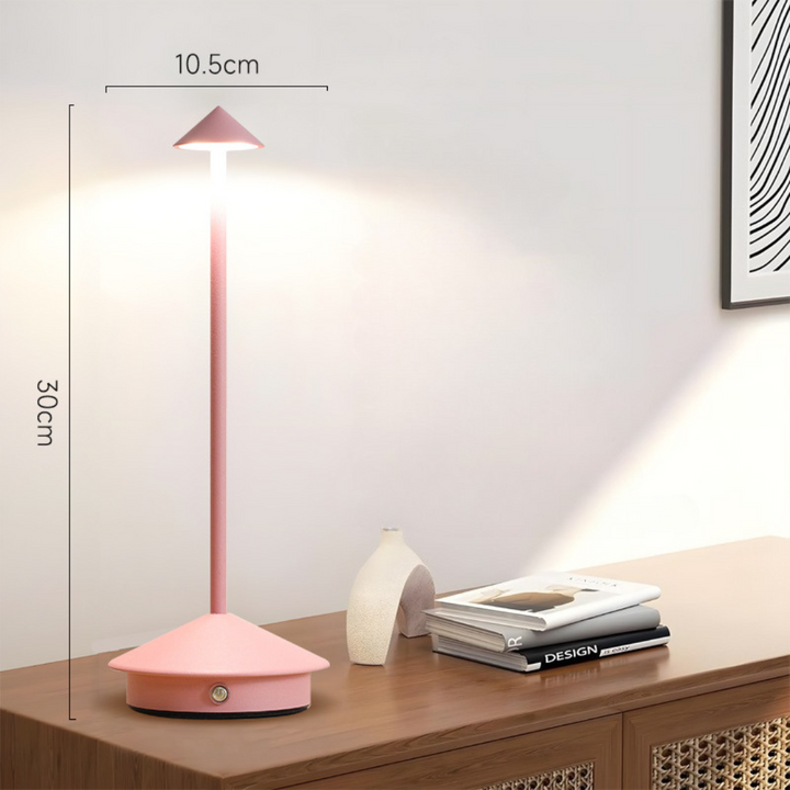 Kabellose LED Tischlampe, modernes Design, wiederaufladbar, dimmbar, stilvoll für Innen- und Außenanwendungen.