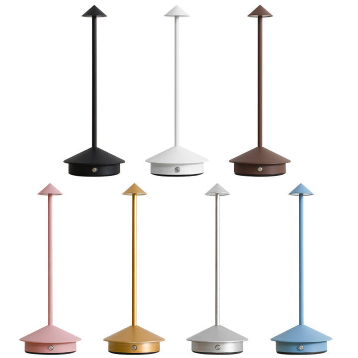 Kabellose LED Tischlampe, modernes Design, wiederaufladbar, dimmbar, stilvoll für Innen- und Außenanwendungen.