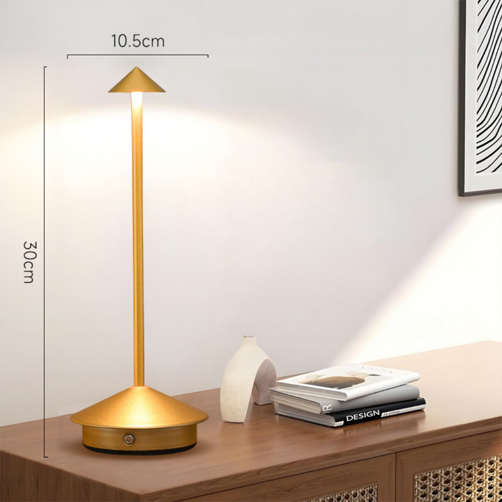 Kabellose LED Tischlampe, modernes Design, wiederaufladbar, dimmbar, stilvoll für Innen- und Außenanwendungen.