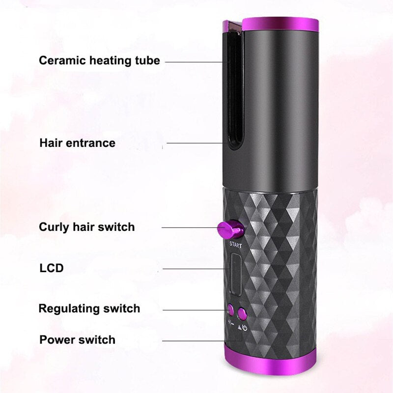 Kabelloser Haarstyler für professionelle Locken, leicht, tragbar, mit Keramikbeschichtung, in Weiß/Rosa oder Grau.