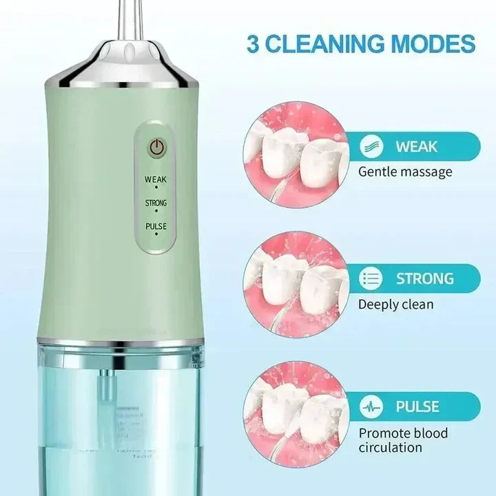 Kabelloser Wasserzahnreiniger, blau-weißer Körper, LED-Anzeigen, auswechselbare Düsen, optimal für Mundhygiene und Reisen.