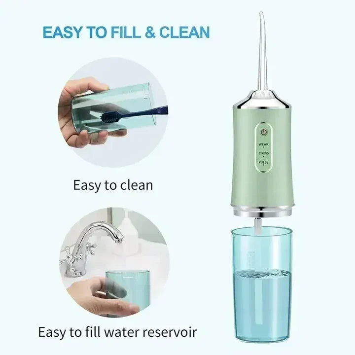 Kabelloser Wasserzahnreiniger, blau-weißer Körper, LED-Anzeigen, auswechselbare Düsen, optimal für Mundhygiene und Reisen.